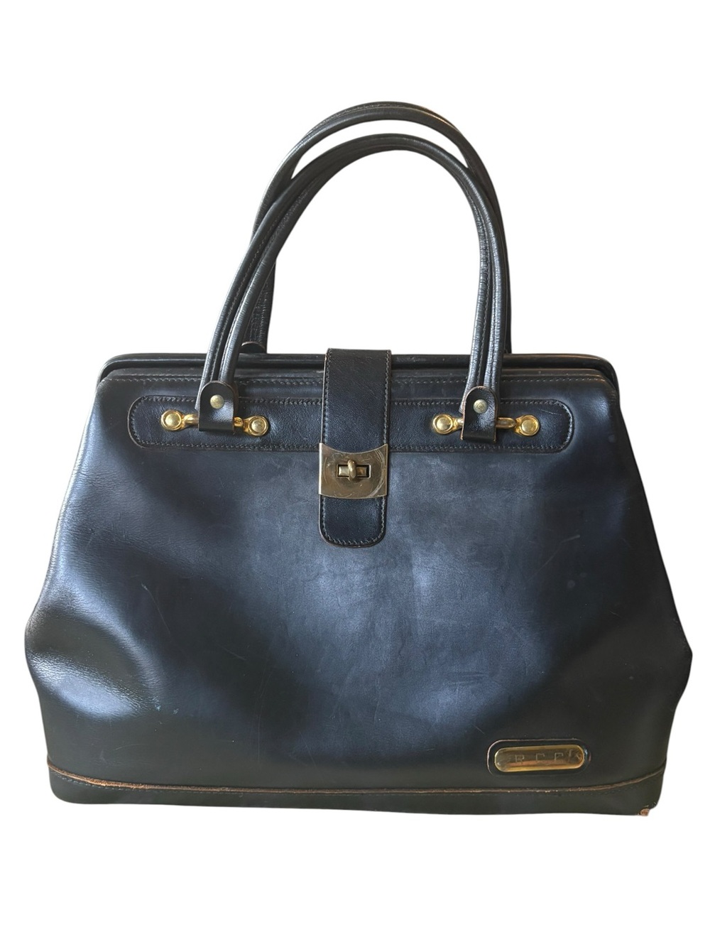 Vintage Black Leather Structured Doctor Medicine Style Bag Handbag